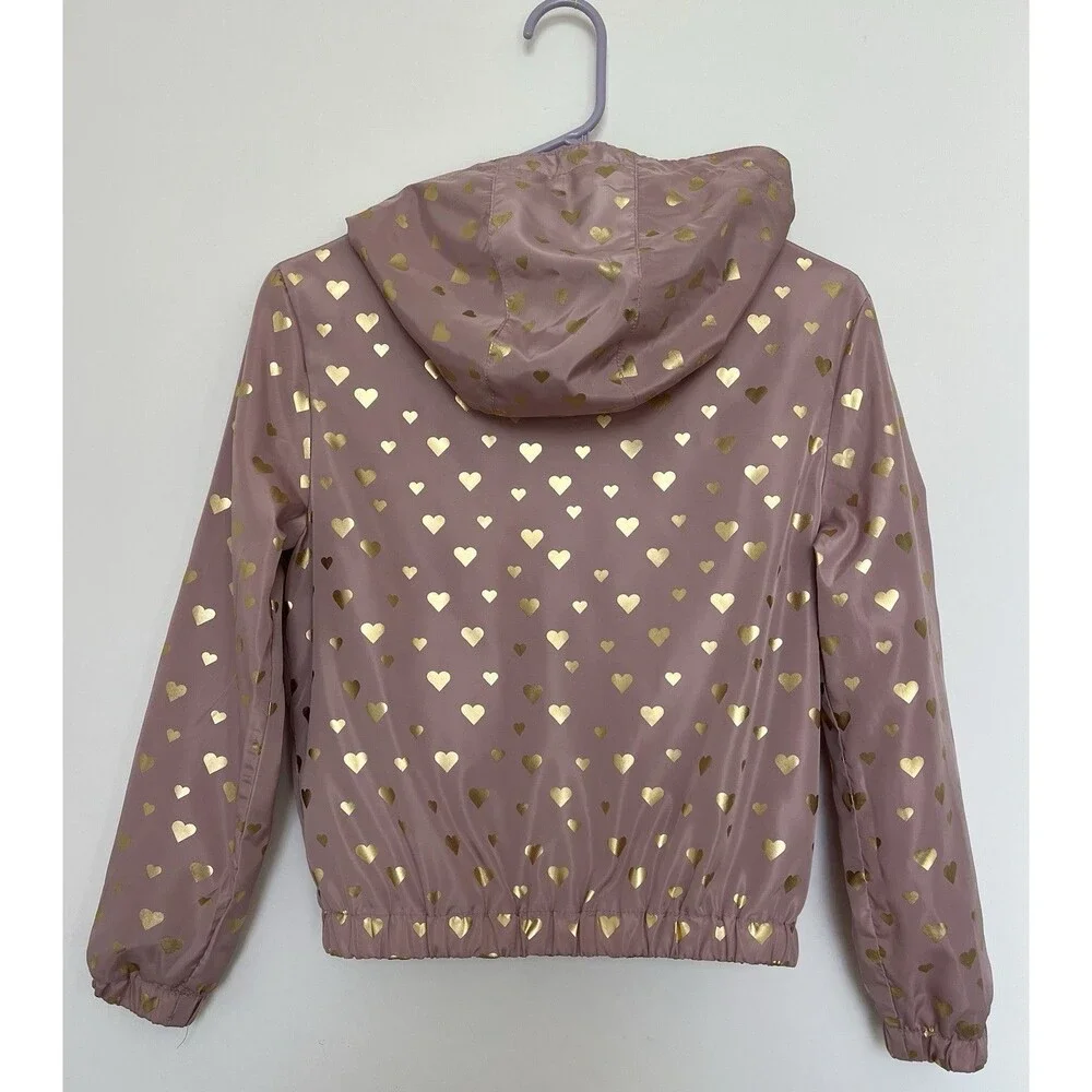 NWOT Louise Paris Kids Girls Pink Gold Heart Hooded Windbreaker Jacket L 14